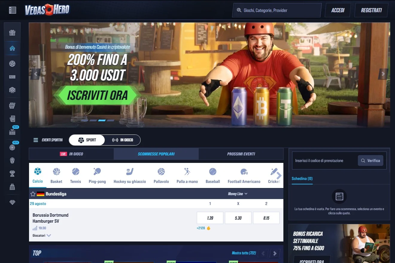 migliori casino google pay: la homepage del casinò VegasHero